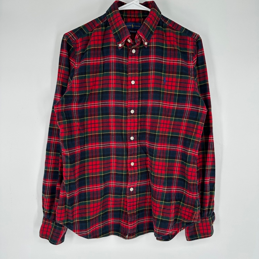 Ralph Lauren Classic Fit Flannel Shirt Mens Large Red Green Plaid Tartan Pony